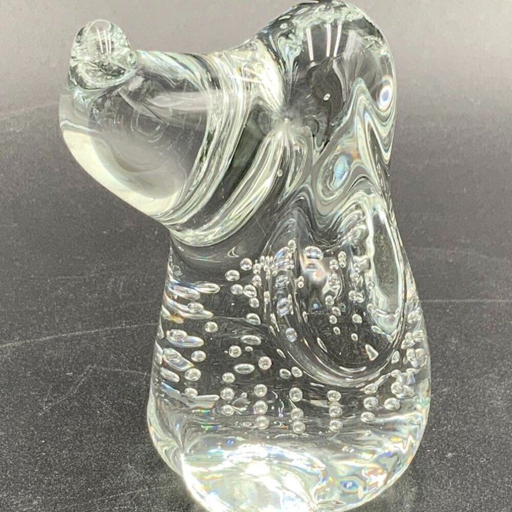 Snoopy Dog Paperweight Clear Art Glass with Controlled Bubbles 4" Long